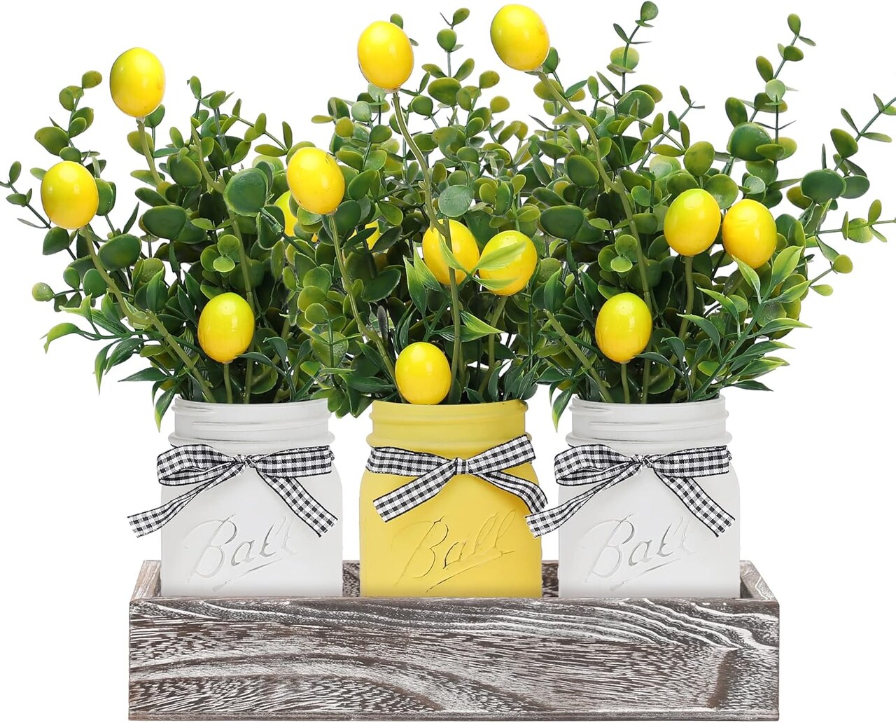 Lemon Mason Jars Centerpiece for Table, Wood Tray with 3 Painted Jars, Dining Coffee Table Centerpiece For Kitchen, Living Room, Spring Mason Jar Decor with Lemon